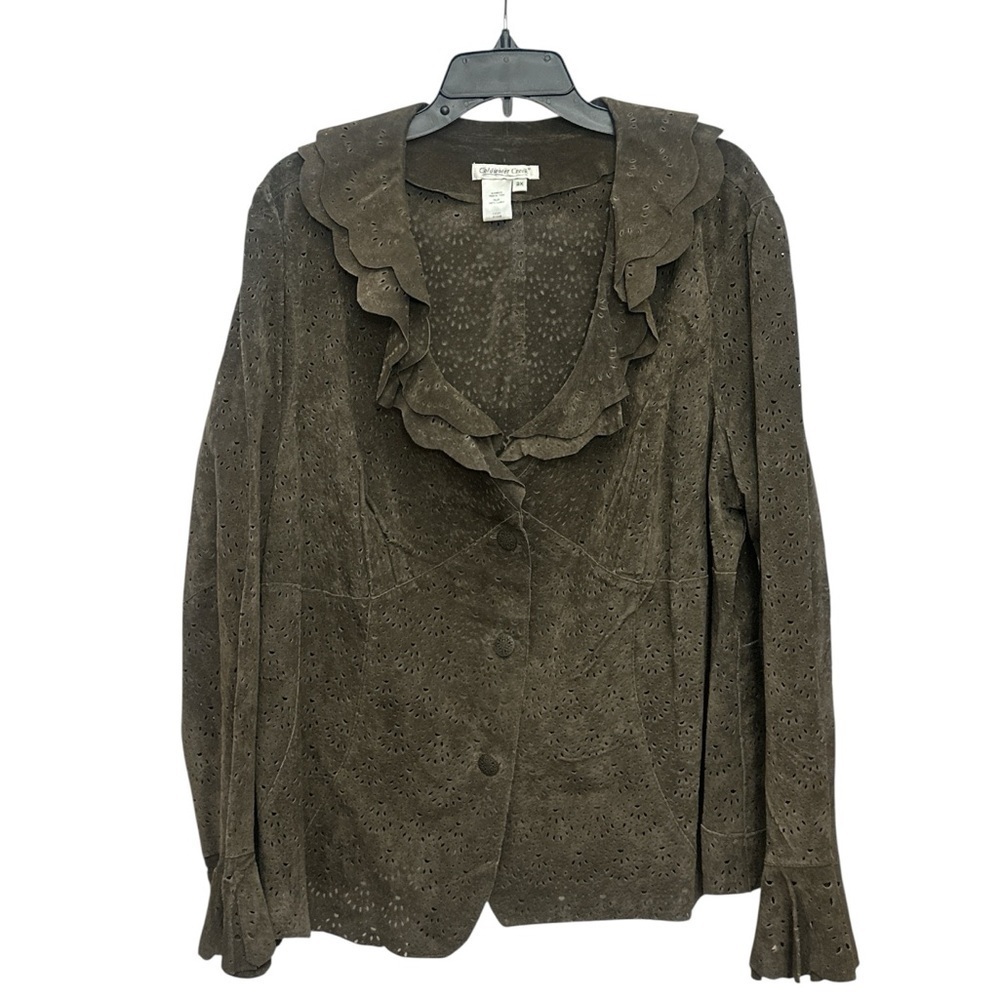 Coldwater Creek Suede Leather Jacket Size 2X Eyelet Ruffle Neck Y2K Boho Green